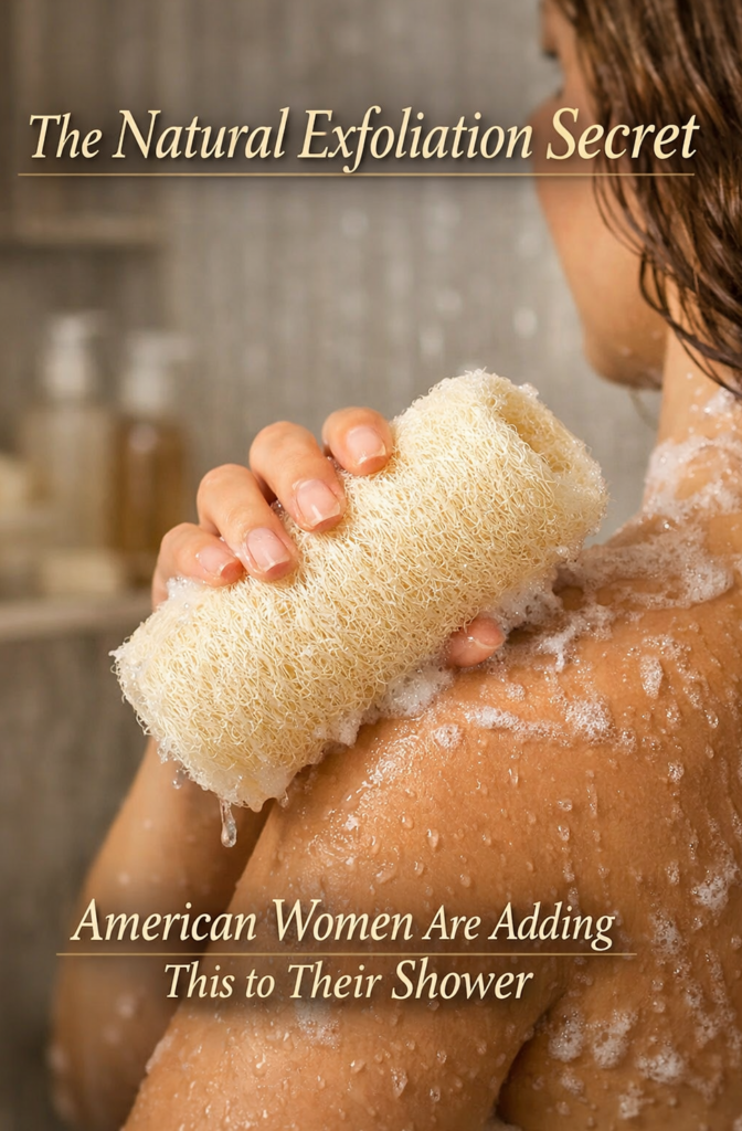 Woman using natural Egyptian loofah for body exfoliation in shower, plant-based clean beauty routine for smoother healthier-looking skin.