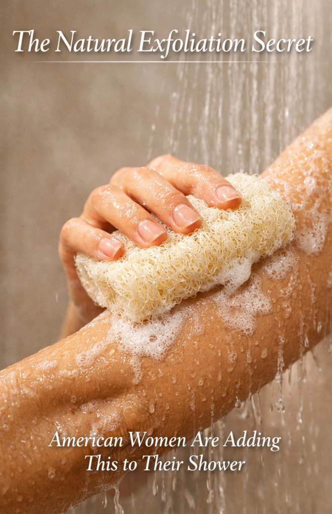 Natural Egyptian loofah exfoliating arm in shower with rich foam, plant-based clean beauty body care routine.