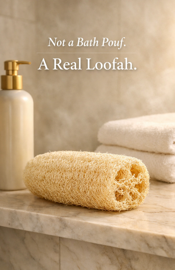 Natural Egyptian loofah sponge on marble shower shelf with body wash bottle and towels, plastic-free clean beauty bathroom setup.