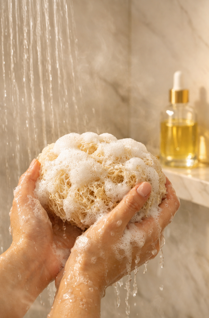 Hands holding natural Egyptian loofah covered in rich foam under shower water, plant-based exfoliation for clean beauty routine.