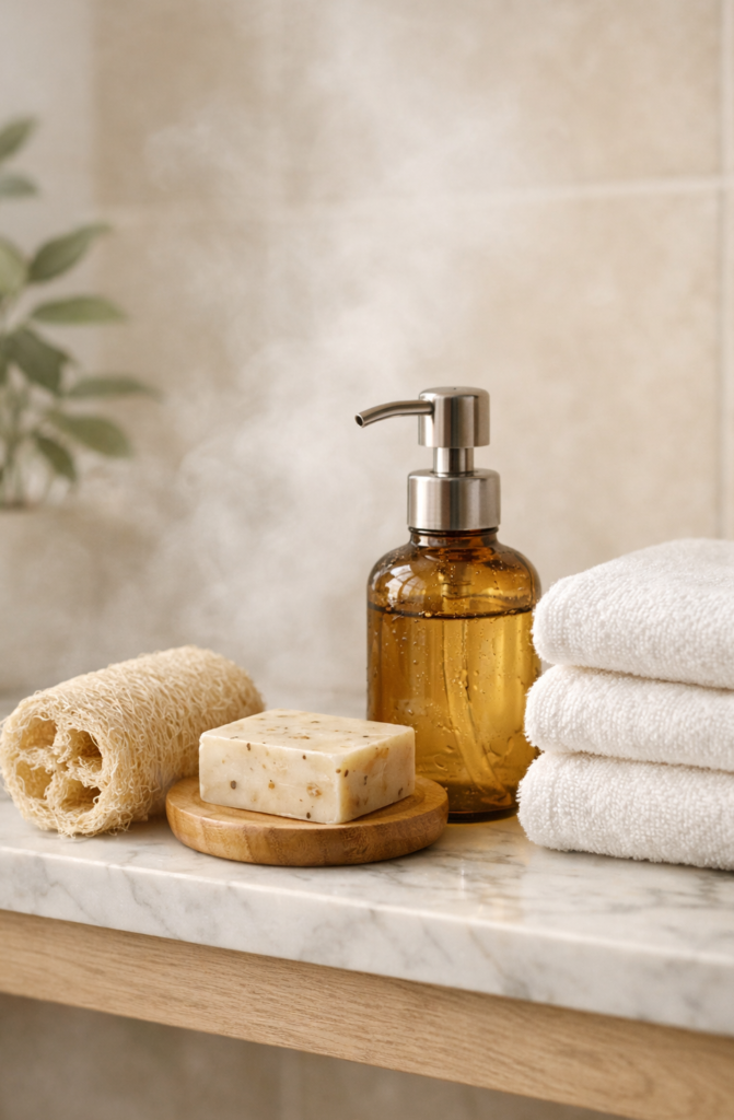 Natural Egyptian loofah and organic soap for body exfoliation, luxury clean beauty shower routine setup with towels and body oil.