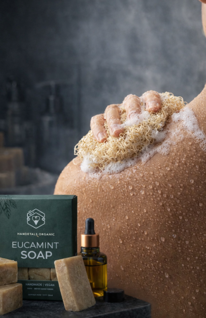 Egyptian loofah exfoliating a wet back in the shower with visible water droplets, Eucamint soap bars and amber body oil bottle displayed on a bathroom counter in a spa-style setting.