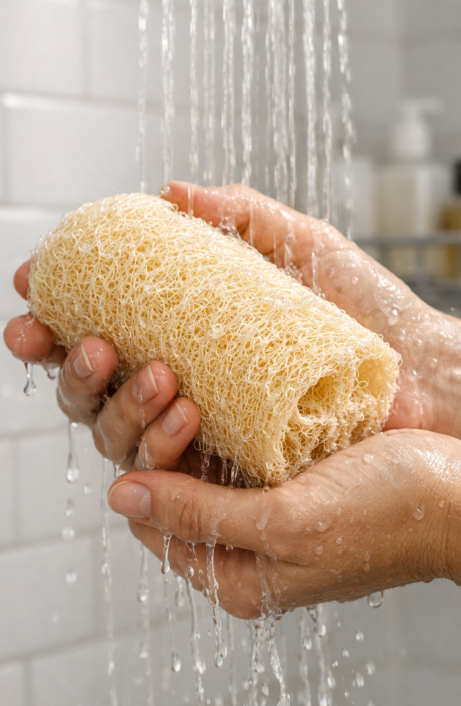 Hands holding a natural Egyptian loofah under running shower water, close-up view showing wet texture and water droplets in a bright bathroom setting.
