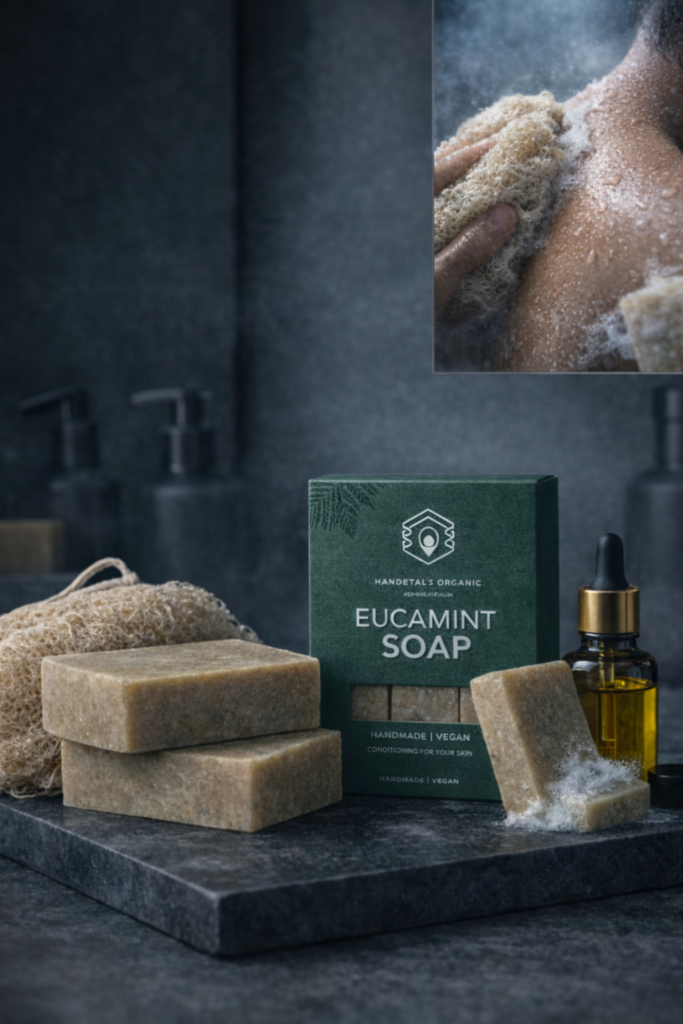 Egyptian loofah, Eucamint soap bars, and amber body oil bottle arranged on a dark bathroom counter, with inset image of a person exfoliating their back in the shower for a spa-style skincare routine.