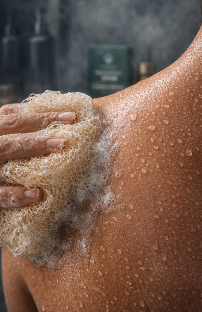 Woman using Egyptian loofah to exfoliate upper back in shower, helping remove dead skin and prevent back acne.