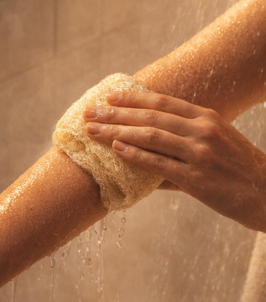 Woman using Egyptian loofah in shower to exfoliate arm, removing dead skin buildup for smoother, clearer skin.