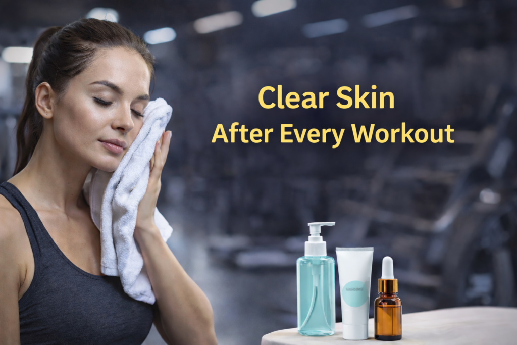 Woman in gym holding a white towel to her face after workout with skincare products on table and text “Clear Skin After Every Workout” If you want a slightly more keyword-rich version for Google SEO: SEO Alt Text Version: Athletic woman in gym cooling down with towel after workout, post-gym skincare products on table, clear skin routine after exercise