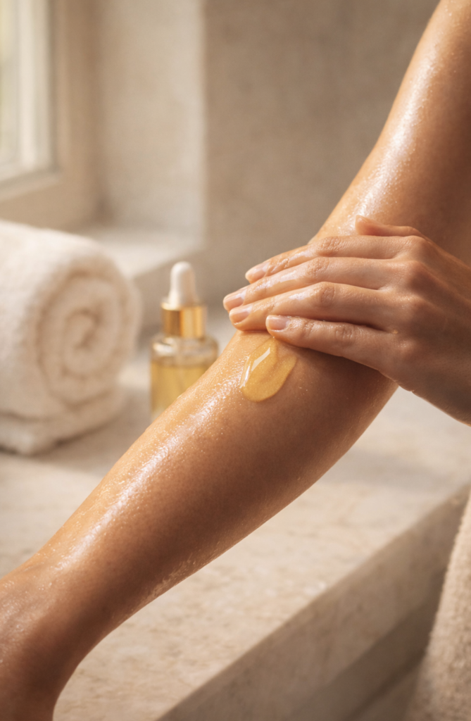 Woman moisturizing arm with body oil after shower, hydrating dry skin for a smooth healthy glow.