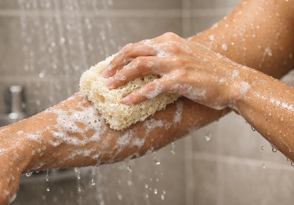 Close-up of a woman exfoliating her arm in the shower with a natural Egyptian loofah, soap lather and water droplets visible on smooth skin.