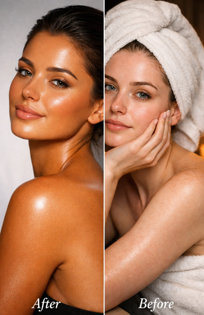 before and after fake tan comparison smooth glowing skin vs natural skin without tan