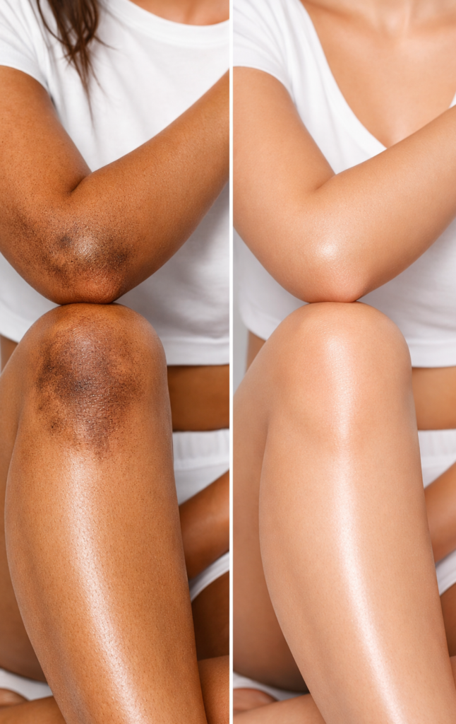 dark fake tan patches on knees and elbows caused by rough skin areas uneven absorption