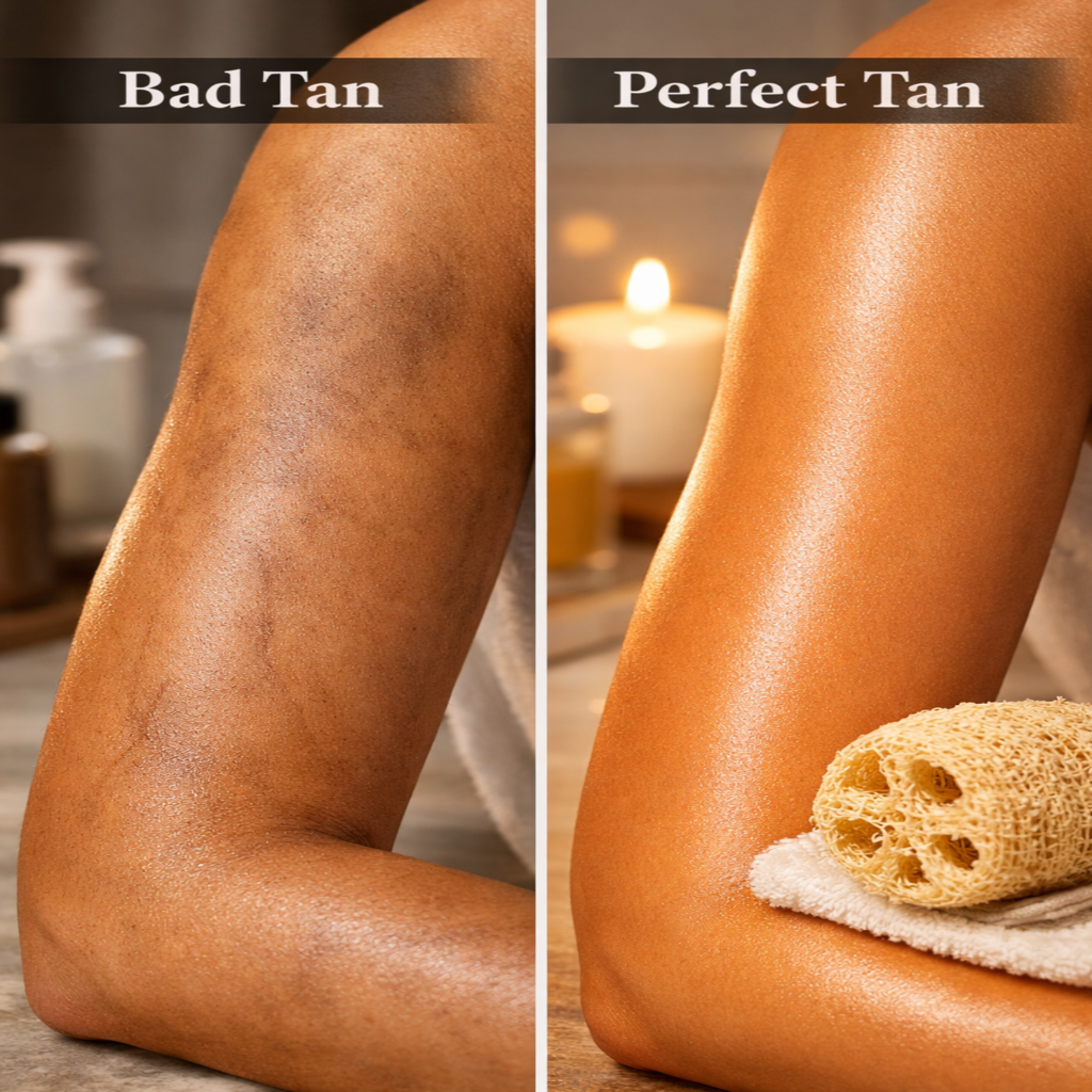 patchy self tan vs smooth even tan on skin showing before and after exfoliation with natural loofah