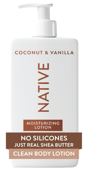 Native coconut and vanilla moisturizing body lotion used after exfoliation and tan removal to hydrate and restore smooth glowing skin.