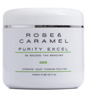 Rose & Caramel Purity Excel 60 second tan remover used to dissolve old self tan and prep skin for exfoliation and smooth glowing skin.