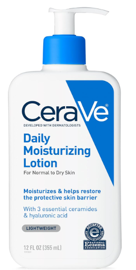 CeraVe Daily Moisturizing Lotion for normal to dry skin with ceramides and hyaluronic acid for long-lasting hydration.