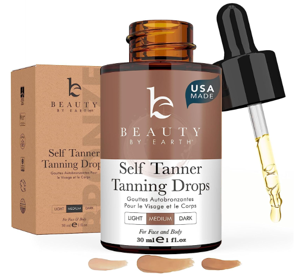 Beauty by Earth self tanner tanning drops for face and body, natural self tanning serum for light, medium and dark bronze glow.